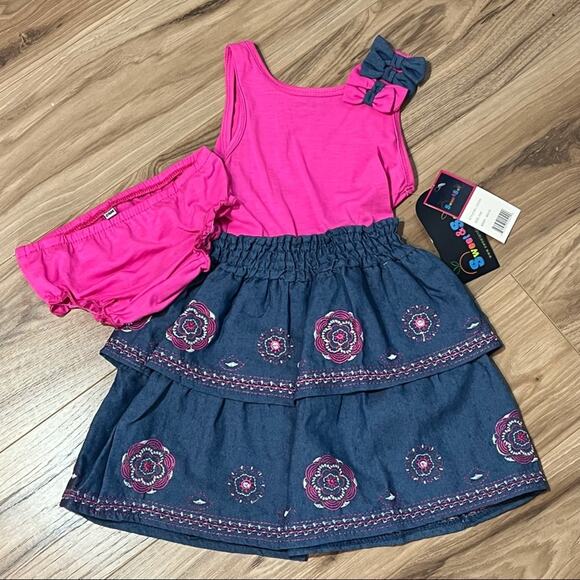 NWT Sweet & Soft Paris Pink & Denim Dress & Bloomer Set 24 Months - Picture 2 of 16